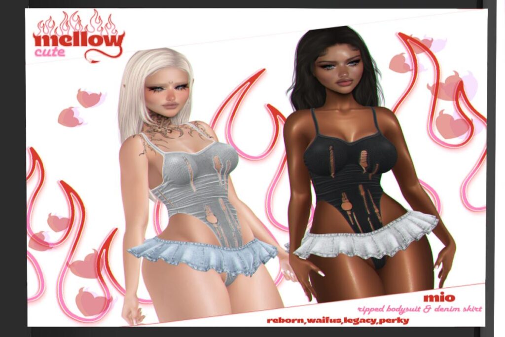 Mio Ripped Bodysuit and Denim Skirt - Legacy/Reborn/+mods, L$269 each/L$1199 FP