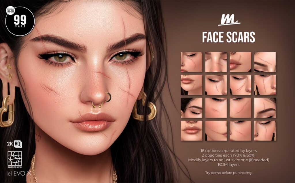 Face Scars - EvoX	<a href="http://maps.secondlife.com/secondlife/Tulsa%20Time/196/78/1302" target="_blank">Teleport</a>