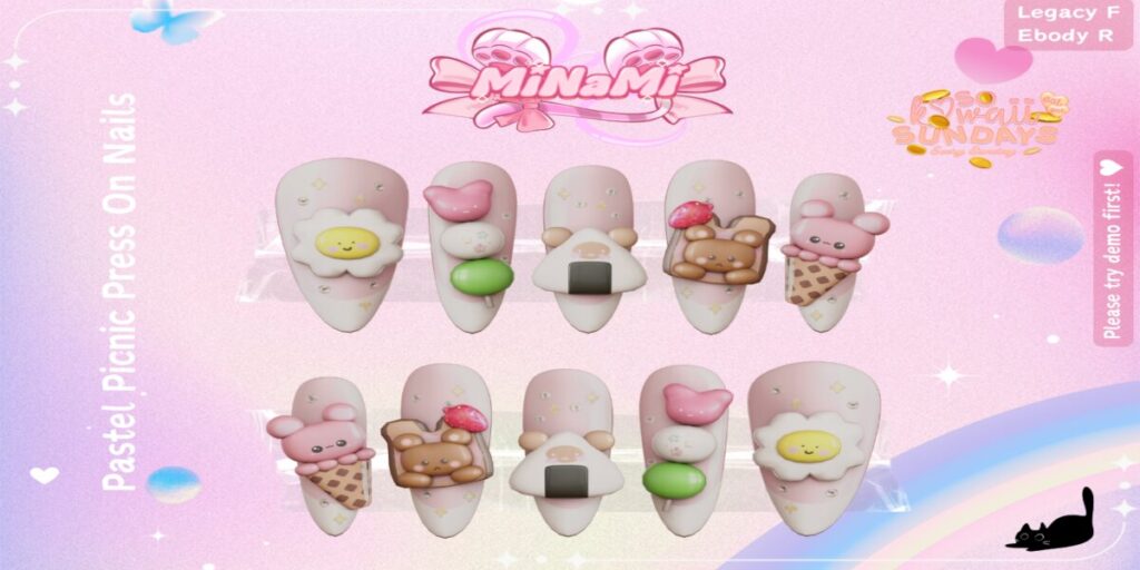 Pastel Picnic Mesh Nails - Legacy/Reborn	<a href="http://maps.secondlife.com/secondlife/Notteterna/160/78/1121" target="_blank">Teleport</a>