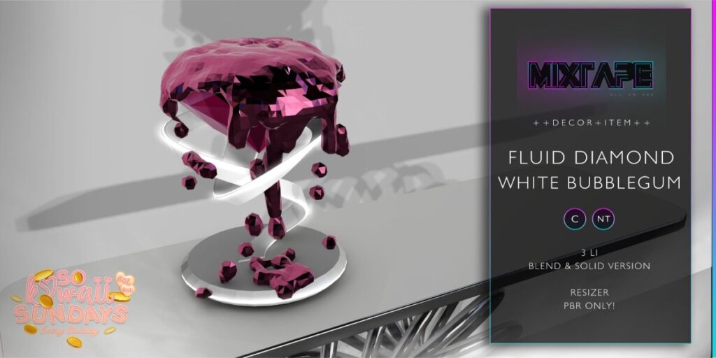 Fluid Diamond Decor	<a href="http://maps.secondlife.com/secondlife/Lovely%20Day/71/212/22" target="_blank">Teleport</a>