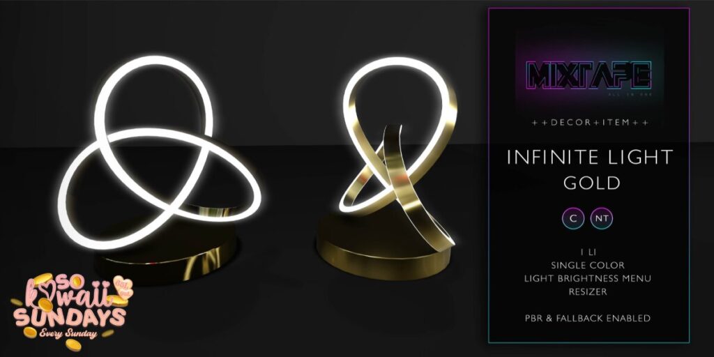 Infinite Light Lamp	<a href="http://maps.secondlife.com/secondlife/Lovely%20Day/217/179/24" target="_blank">Teleport</a>