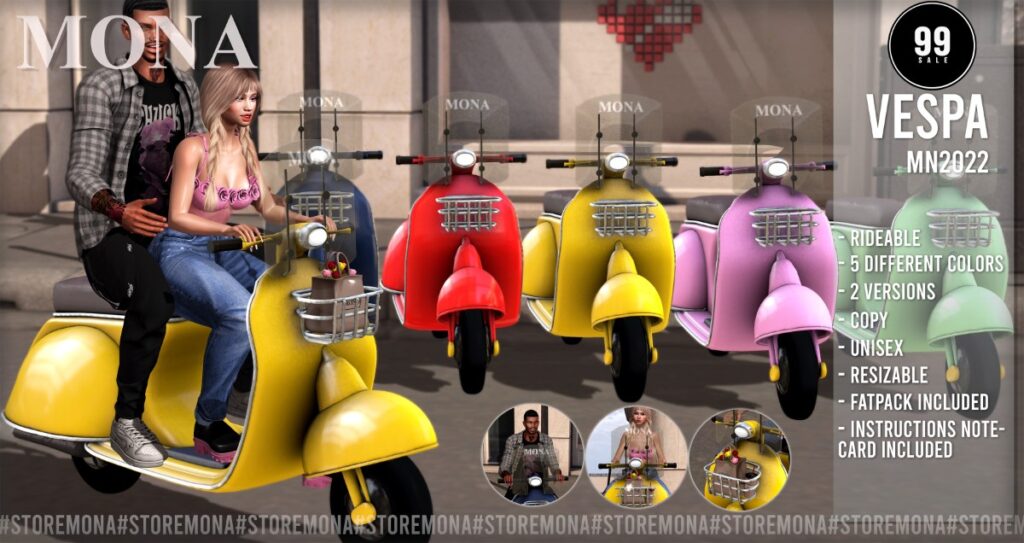 Vespa Rideable Scooter	<a href="https://maps.secondlife.com/secondlife/Cherokee%20Springs/106/40/1002" target="_blank">Teleport</a>