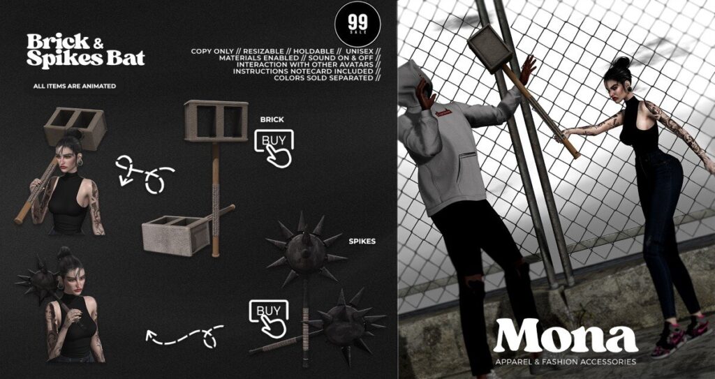 Brick &amp; Spikes Bat	<a href="https://maps.secondlife.com/secondlife/Cherokee%20Springs/106/40/1002" target="_blank">Teleport</a>