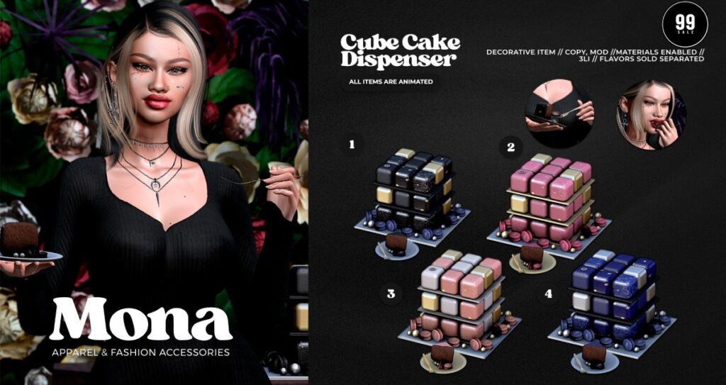 Cube Cake Dispenser &amp; Decor	<a href="https://maps.secondlife.com/secondlife/Cherokee%20Springs/106/40/1002" target="_blank">Teleport</a>