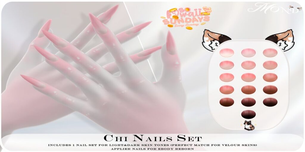 Chi Mesh Nails - Reborn	<a href="http://maps.secondlife.com/secondlife/Young/227/103/1569" target="_blank">Teleport</a>