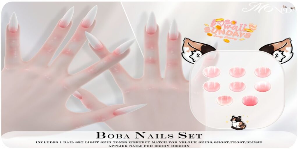 Boba Nail Appliers - Reborn	<a href="http://maps.secondlife.com/secondlife/Young/236/99/1569" target="_blank">Teleport</a>