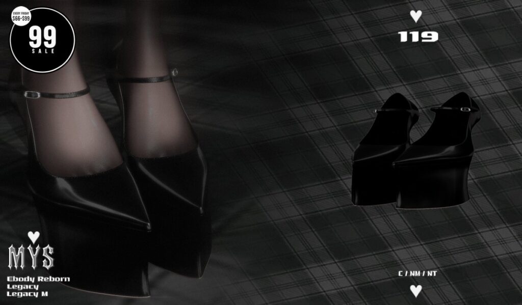 119 Heels - Legacy F+M/Reborn	<a href="http://maps.secondlife.com/secondlife/Phoenix%20Paradise/67/84/1581" target="_blank">Teleport</a>
