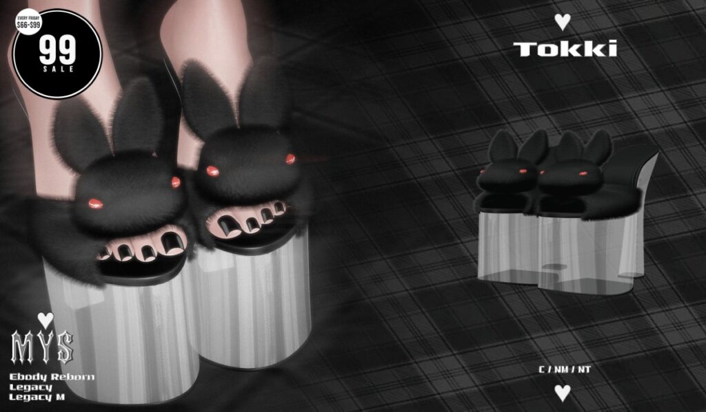 Tokki Heels - Legacy F+M/Reborn	<a href="http://maps.secondlife.com/secondlife/Phoenix%20Paradise/109/96/3001" target="_blank">Teleport</a>