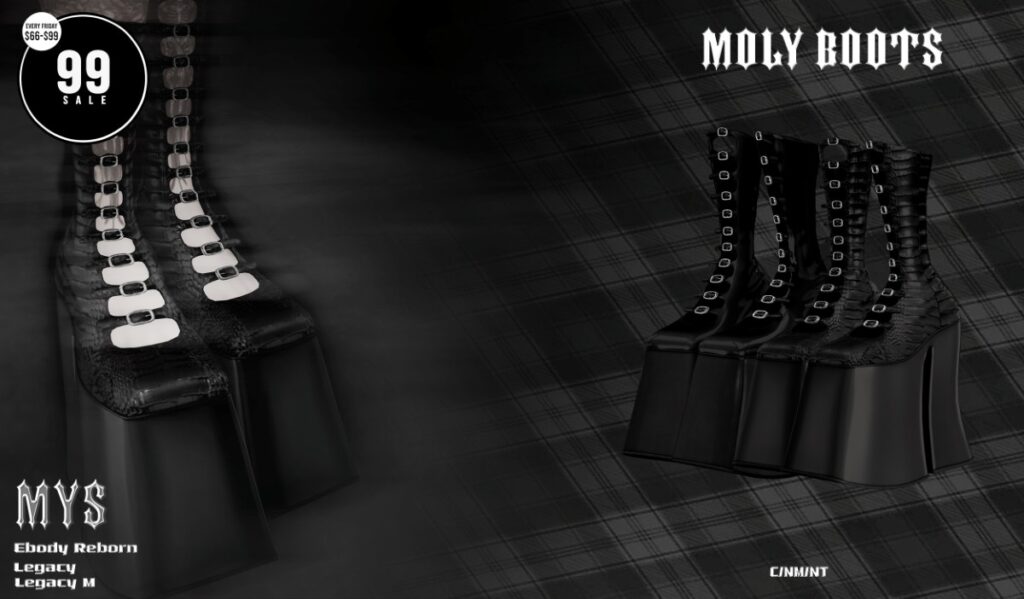 Moly Boots - Legacy F+M/Reborn	<a href="http://maps.secondlife.com/secondlife/Phoenix%20Paradise/67/84/1581" target="_blank">Teleport</a>