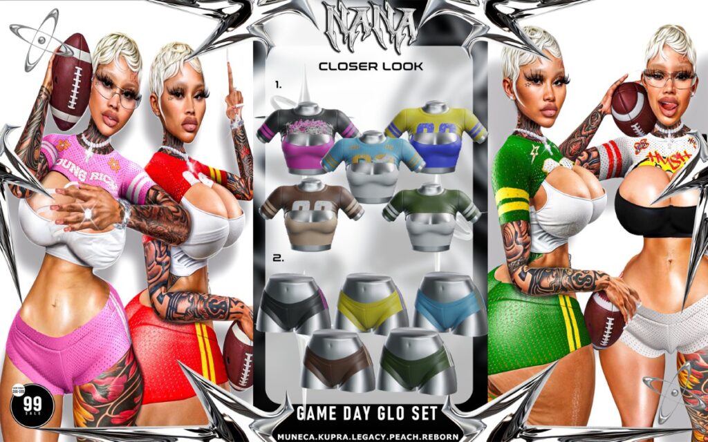 Game Day Glo Set - Inithium/Legacy/Peach/Reborn/Yentements	<a href="http://maps.secondlife.com/secondlife/Pomiciona/58/207/2240" target="_blank">Teleport</a>