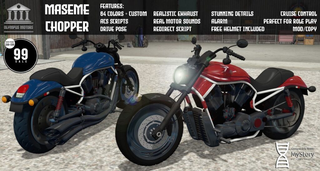 Maseme Chopper Motorcycle	<a href="http://maps.secondlife.com/secondlife/MoonLand/204/108/22" target="_blank">Teleport</a>
