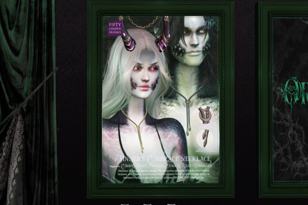 Sinner's Embrace Necklace - Legacy F+M/Reborn	<a href="http://maps.secondlife.com/secondlife/Formaggini/125/208/1257" target="_blank">Teleport</a>