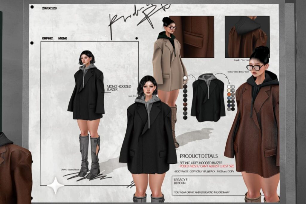 Mono Hooded Blazer - Legacy/Reborn, L$699 each/L$1599 FP