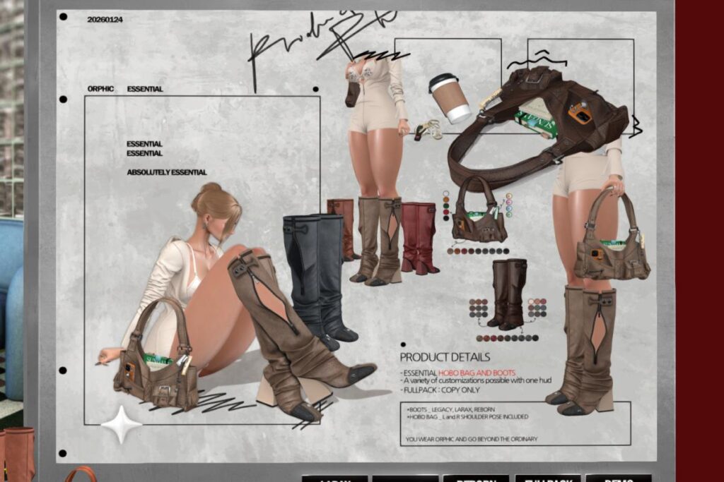 Essential Boots - Legacy/MaitreyaX/Reborn, L$499 each/L$899 FP | Hobo Bag, L$499
