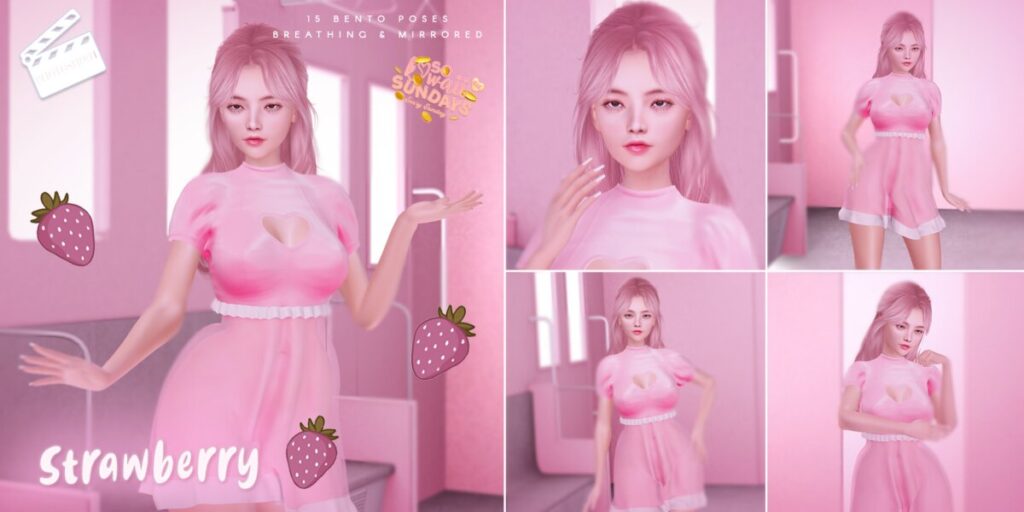Strawberry Poses	<a href="http://maps.secondlife.com/secondlife/VELOUR/200/203/1965" target="_blank">Teleport</a>