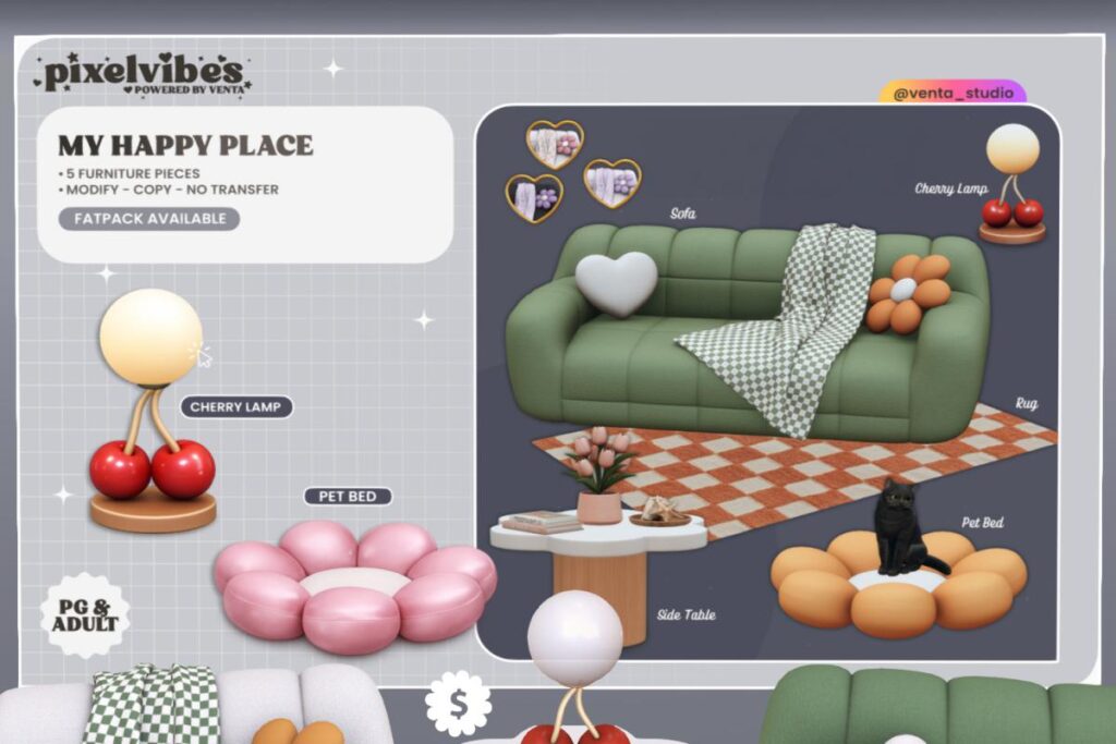 My Happy Place Furniture Set, L$149-L$349 each/L$749-L$849 each FP