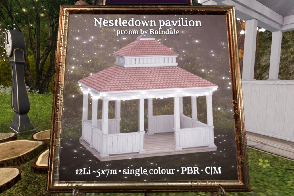Nestledown Pavilion	<a href="http://maps.secondlife.com/secondlife/Hazel%20Woods/157/122/26" target="_blank">Teleport</a>