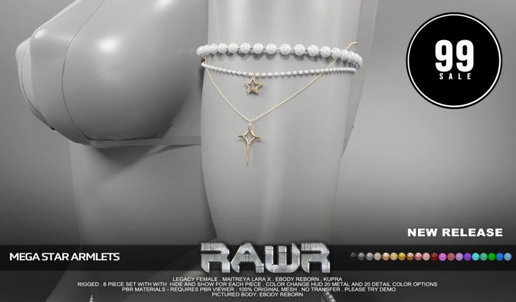 Mega Star Armlets - Inithium/Legacy/MaitreyaX/Reborn	<a href="http://maps.secondlife.com/secondlife/RAWR/62/141/21" target="_blank">Teleport</a>