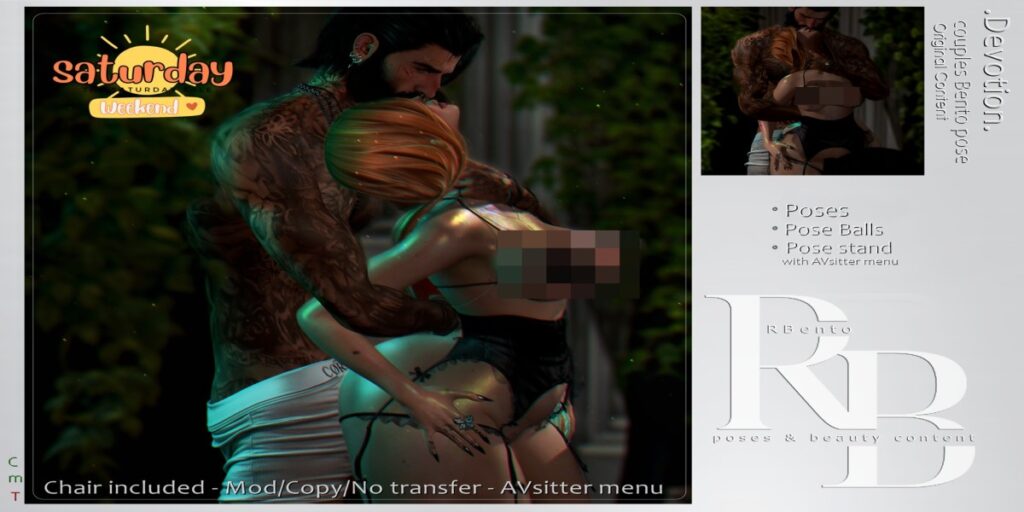 Devotion Couple Pose with Prop	<a href="http://maps.secondlife.com/secondlife/Lost%20Inhibitions/158/193/25" target="_blank">Teleport</a>