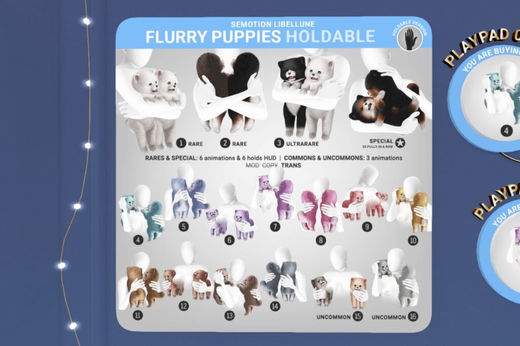 Flurry Puppys Holdable Gacha, L$88 per play/L$188 Exclusive