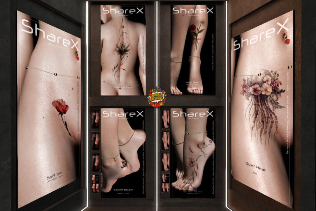 Sacred Axis Back Tattoo and Soul Ties Calf Tattoos - BOM, L$200 each | Sacred Bloom and Deep Crimson Foot Tattoos - Legacy/MaitreyaX, L$300 each/L$700 each FP