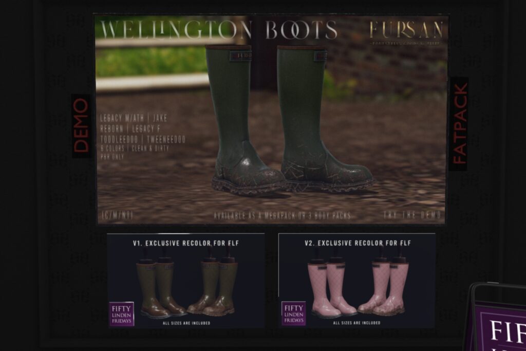 Wellington Boots - See ad for fits	<a href="http://maps.secondlife.com/secondlife/Silhouette/231/151/1501" target="_blank">Teleport</a>