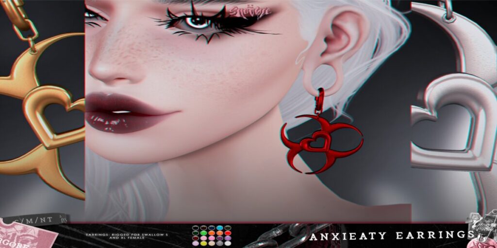 Anxieaty Earrings - Swallow Gauged S+XL F	<a href="http://maps.secondlife.com/secondlife/Cookies/205/191/2221" target="_blank">Teleport</a>