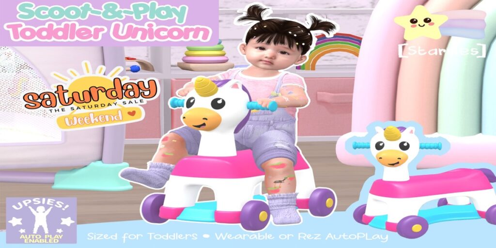 Scoot &amp; Play Toddler Unicorn	<a href="http://maps.secondlife.com/secondlife/Starries/250/242/23" target="_blank">Teleport</a>