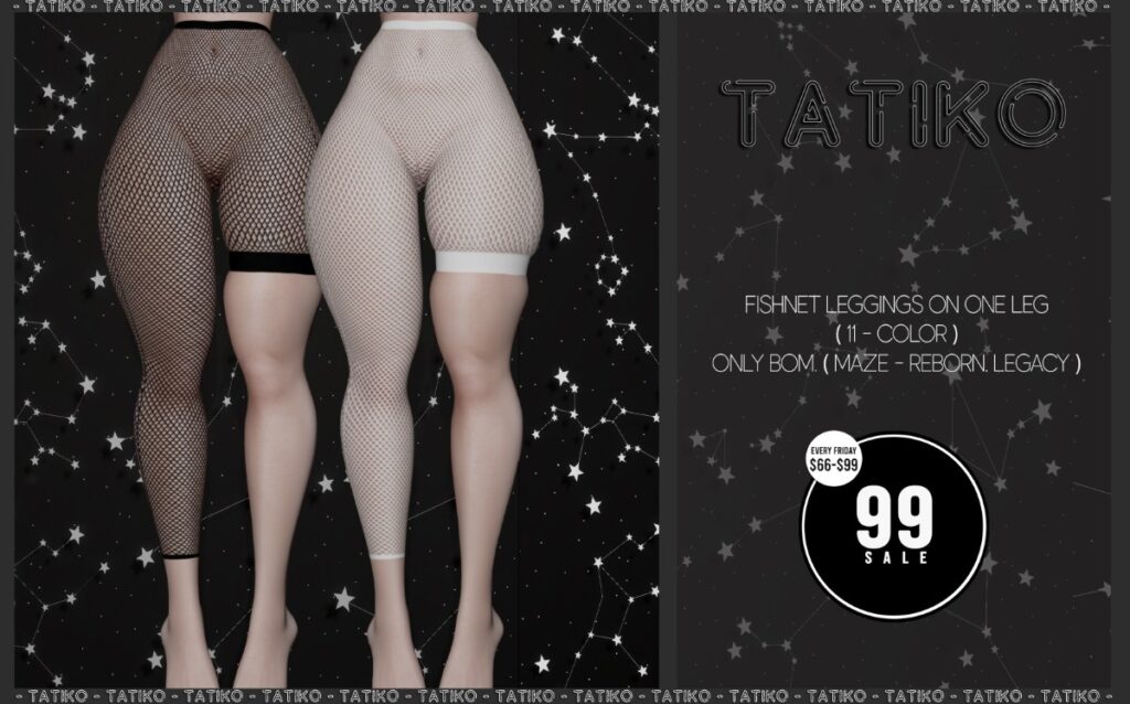 Fishnet Leggings On One Leg - BOM	<a href="http://maps.secondlife.com/secondlife/Legends%20Place/116/126/1022" target="_blank">Teleport</a>