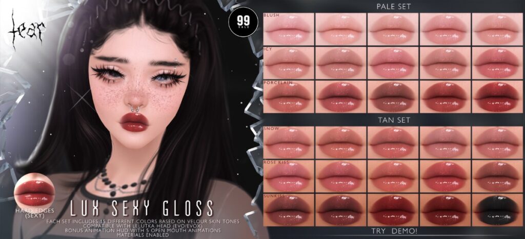Lux Sexy Gloss - Evo/EvoX	<a href="http://maps.secondlife.com/secondlife/Hashira/150/190/3" target="_blank">Teleport</a>