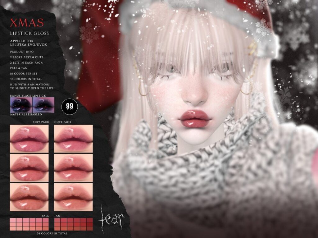 Xmas Lipstick Gloss - Evo/EvoX	<a href="http://maps.secondlife.com/secondlife/Hashira/150/190/3" target="_blank">Teleport</a>