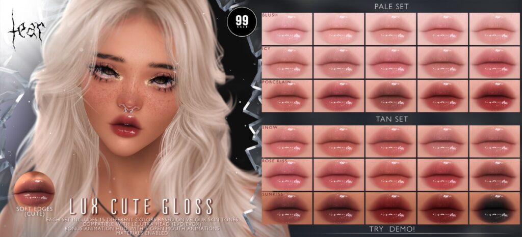 Lux Cute Gloss - Evo/EvoX	<a href="http://maps.secondlife.com/secondlife/Hashira/150/190/3" target="_blank">Teleport</a>