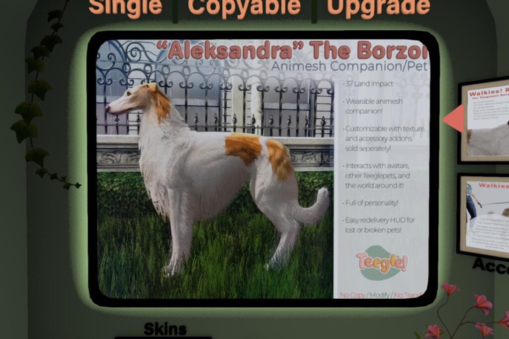 Aleksandra The Borzoi, L$1500 Single/L$6000 Copyable/L$4500 Upgrade