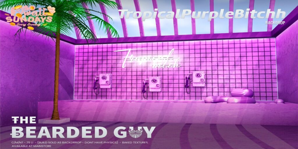 Tropical Purple Bitch Backdrop	<a href="http://maps.secondlife.com/secondlife/Moonwall/169/121/32" target="_blank">Teleport</a>