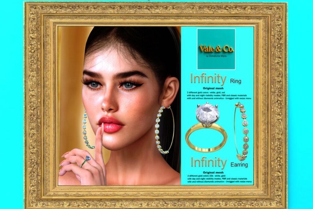 Infinity Ring &amp; Earrings, L$599-L$1449 each/L$1699-L$3199 each FP
