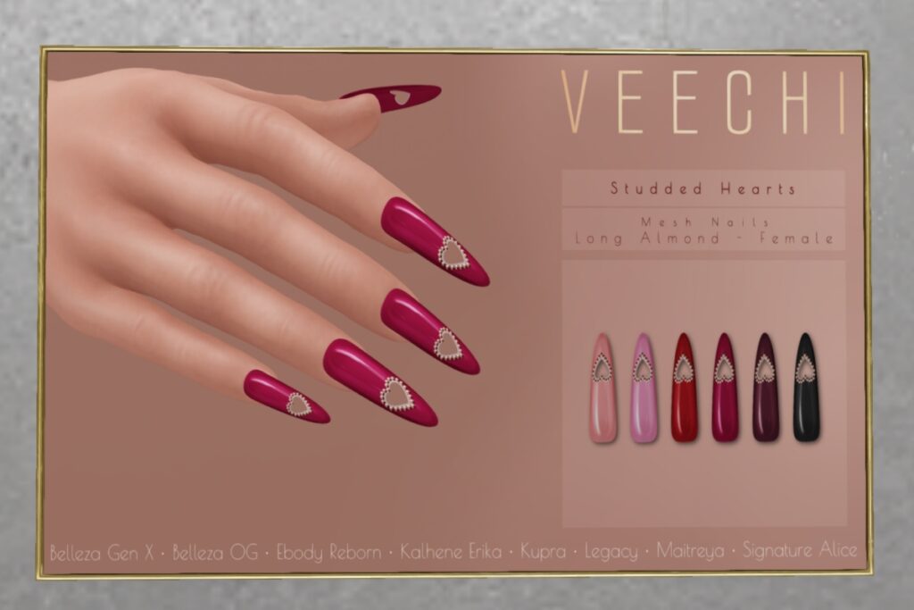 Studded Hearts Nails  - See ad for fits	<a href="http://maps.secondlife.com/secondlife/Impulse/75/77/22" target="_blank">Teleport</a>