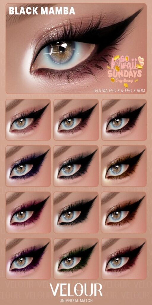 Black Mamba Eyeshadow - EvoX	<a href="http://maps.secondlife.com/secondlife/VELOUR/93/115/83" target="_blank">Teleport</a>