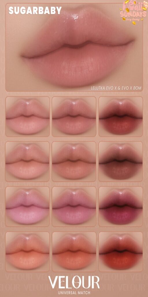 Sugarbaby Faded Lipstick - EvoX	<a href="http://maps.secondlife.com/secondlife/VELOUR/93/115/83" target="_blank">Teleport</a>