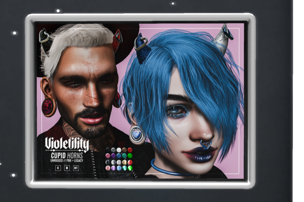 Cupid Horns	<a href="http://maps.secondlife.com/secondlife/Violetility/128/166/23" target="_blank">Teleport</a>