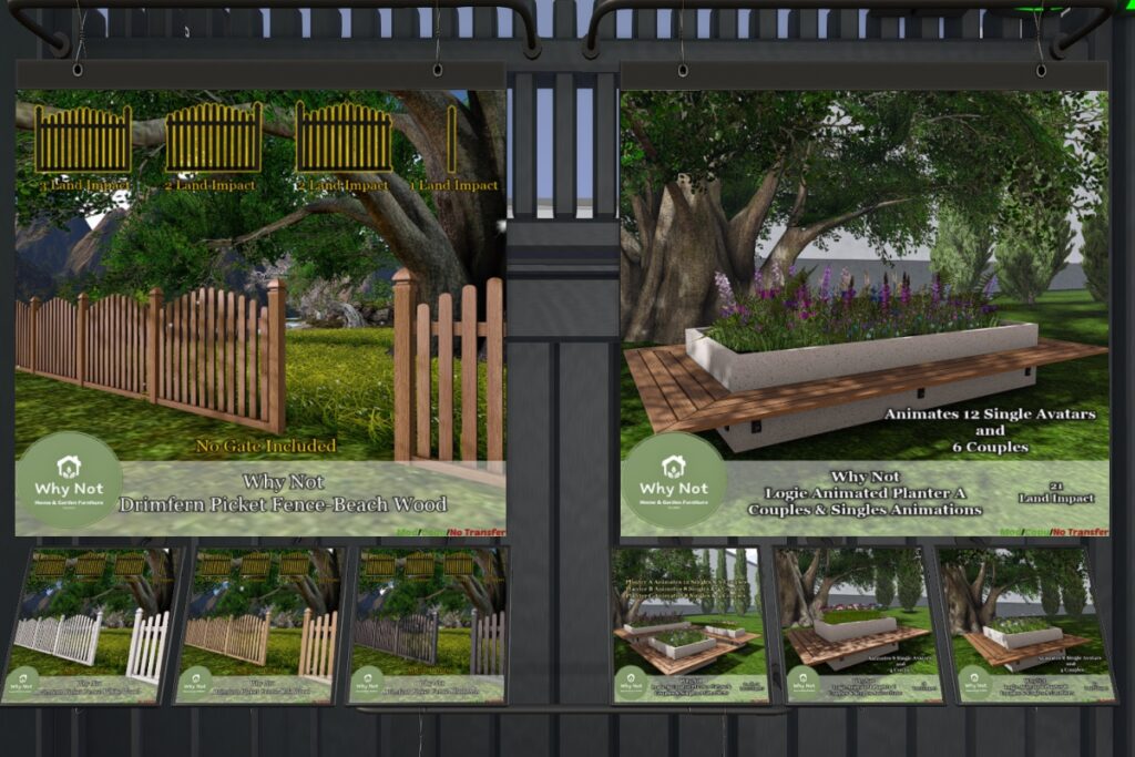Drimfern Picket Fence, L$180 each | Logic Animated Planter, L$236 each/L$540 FP