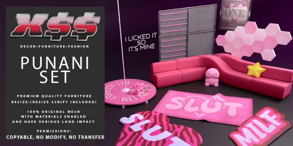 Punani Decor Set	<a href="http://maps.secondlife.com/secondlife/Tender%20Love/165/161/1162" target="_blank">Teleport</a>