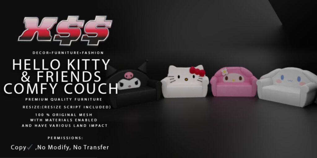 Hello Kitty &amp; Friends Comfy Couch	<a href="http://maps.secondlife.com/secondlife/Tender%20Love/164/160/1162" target="_blank">Teleport</a>