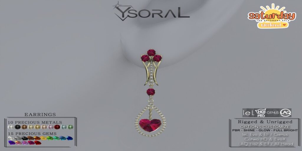 Choe Earrings - Catwa/EvoX Elf+Human/Genus/LAQ Elf+Human	<a href="https://maps.secondlife.com/secondlife/ysoral/128/128/35" target="_blank">Teleport</a>