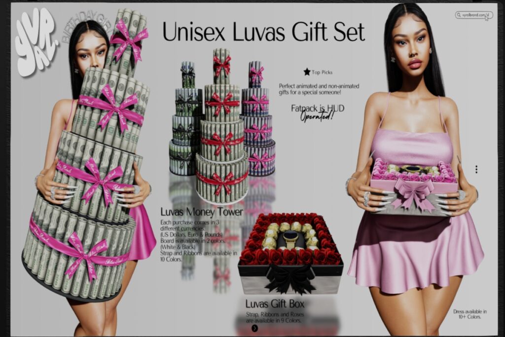 Luvas Money Tower, Gift Box, Liv Dress - No Sizes Listed, L$199-L$450 each/L$699 -L$1199 each FP