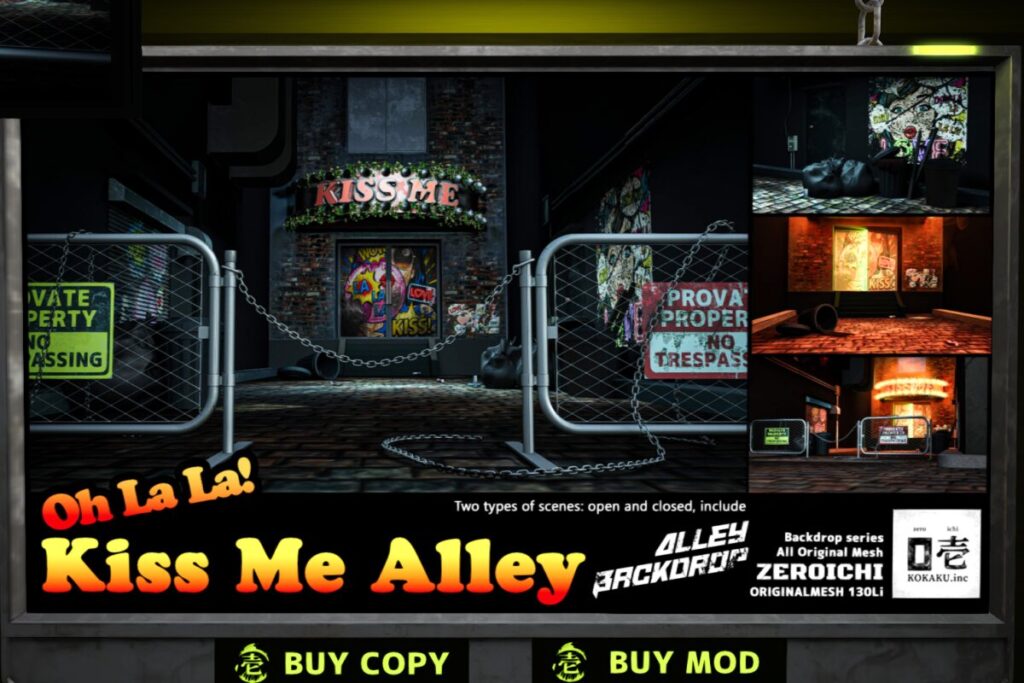 Kiss Me Alley Backdrop, L$360-L$580 each