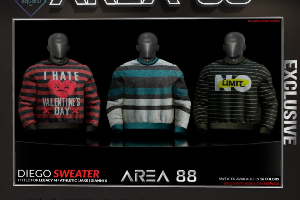 Diego Sweater - GianniX/Jake/Legacy/+mods, L$249 each/L$999 FP