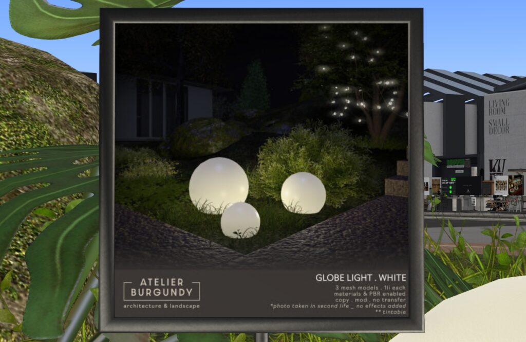 White Globe Light	<a href="http://maps.secondlife.com/secondlife/Atelier/42/107/21" target="_blank">Teleport</a>
