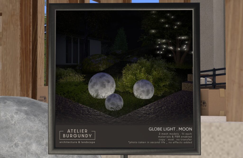 Moon Globe Light	<a href="http://maps.secondlife.com/secondlife/Atelier/42/107/21" target="_blank">Teleport</a>