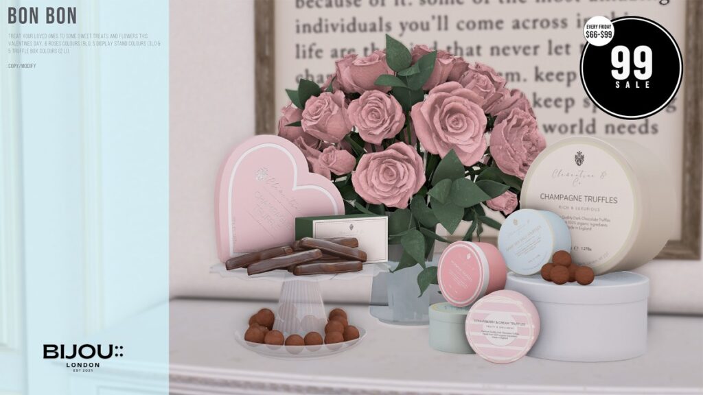 Bon Bon Decor	<a href="http://maps.secondlife.com/secondlife/BIJOU%20BLUE/118/125/25" target="_blank">Teleport</a>