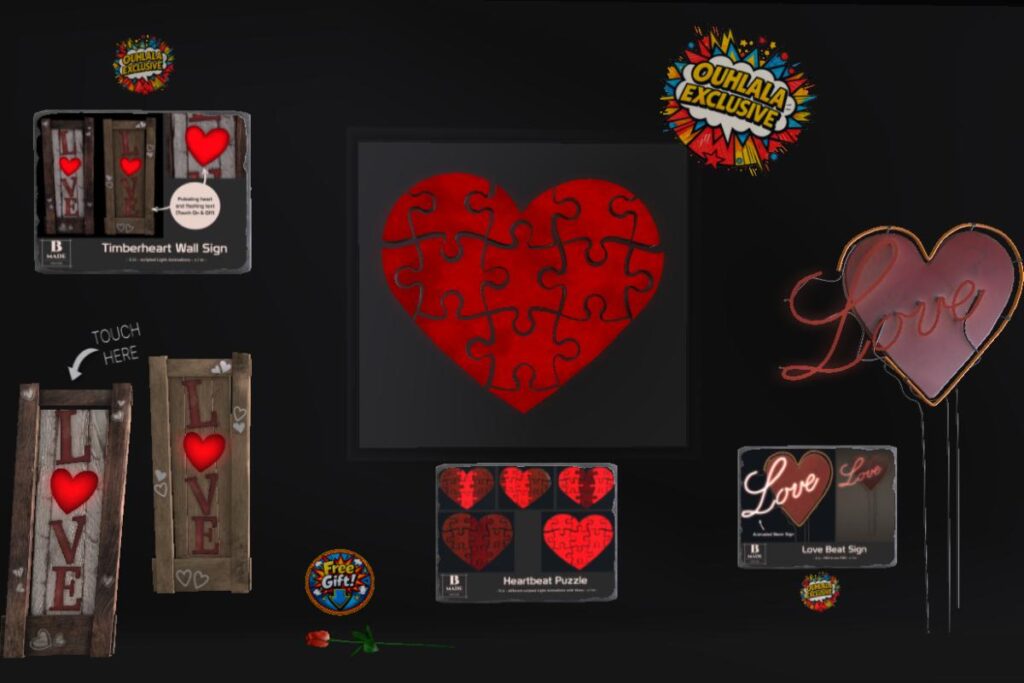 Timberheart Wall Sign, L$199 | Heartbeat Puzzle, L$199 | Love Beat Sign, L$199